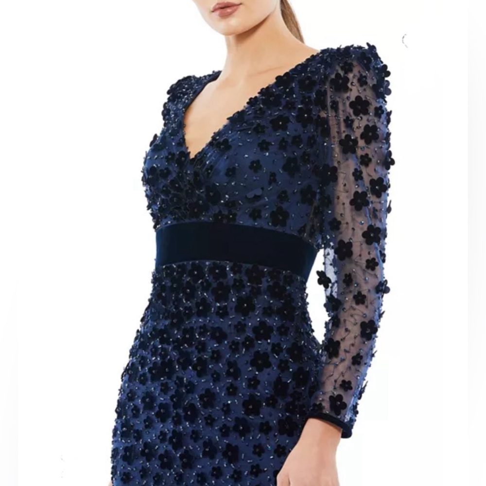 Mac DuggalEmbellished V-Neck Illusion Long Sleeve Column Midi, size 12 - Picture 1 of 9